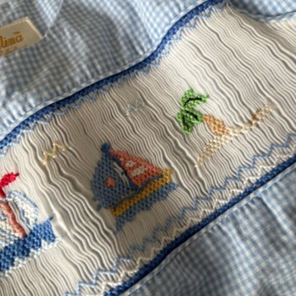 Rosalina Collections smocked beach scene blouse + bloomers. Gingham. Size 2/3 - Picture 5 of 16